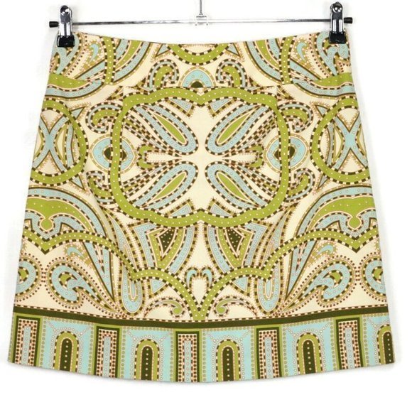 J. Crew Skirt Ivory‎ Green Blue Paisley Pockets 2 - Picture 2 of 12